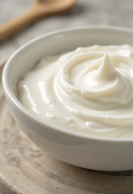 Naturell yoghurt i glasskål med skje