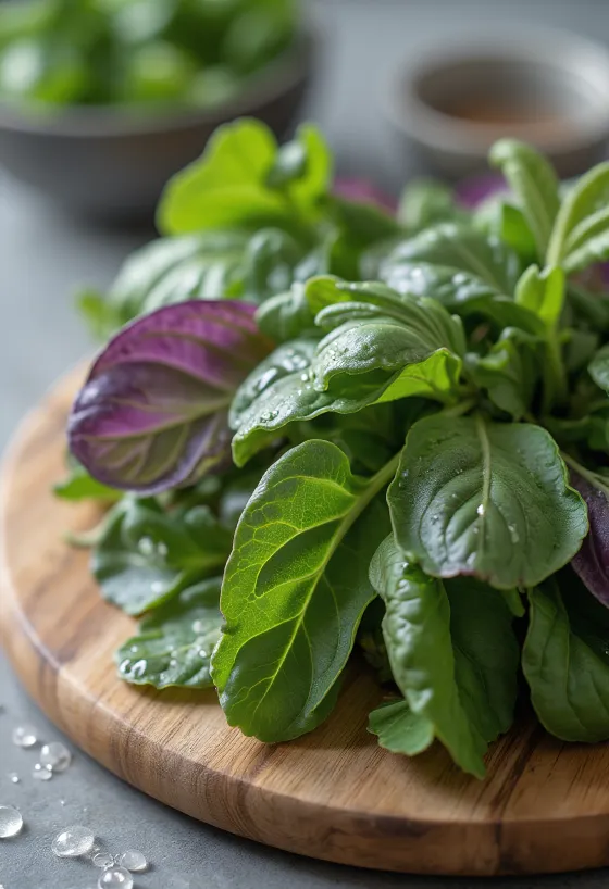 Hagemeldeblader og stilker, med frisk grønn farge, foran rustikk trebakgrunn