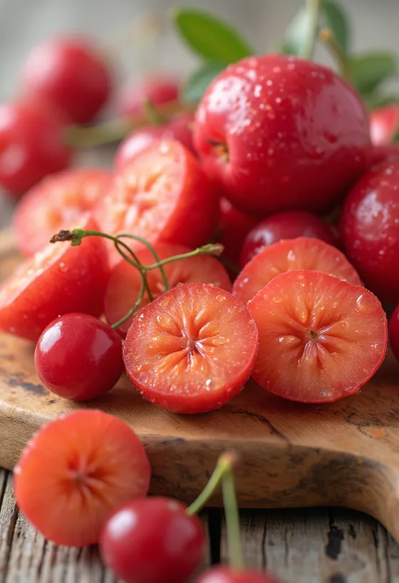 Ferske acerola-kirsebær, hele og delte