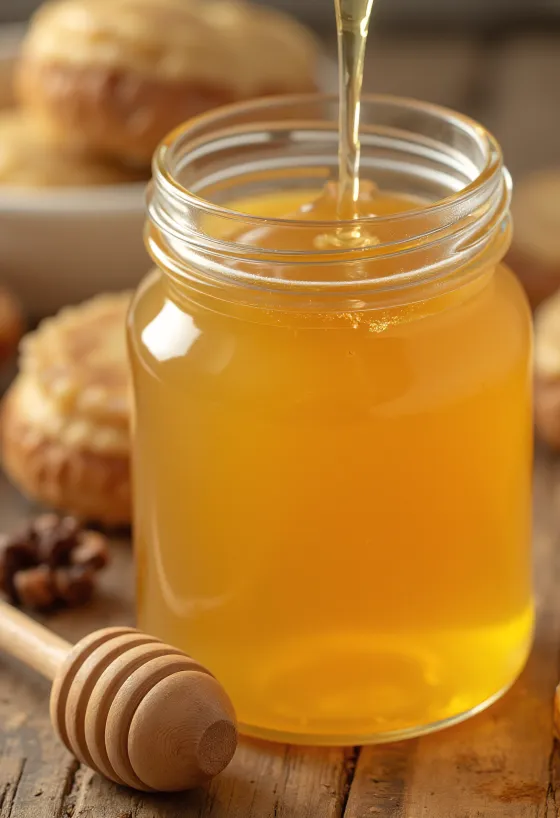 Agavesirup i liten flaske med tresleiv mot ren bakgrunn