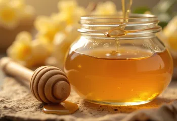 Agavesirup i liten flaske med tresleiv mot ren bakgrunn