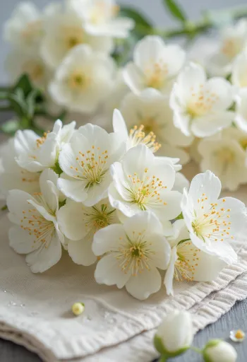 Friske akasieblomster på hvit tallerken, klare til bruk