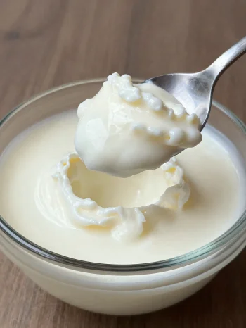 Surmelk i rustikk keramikkskål med skje og litt myse