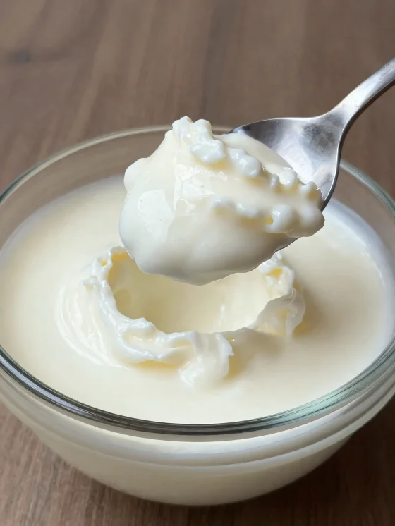 Surmelk i rustikk keramikkskål med skje og litt myse