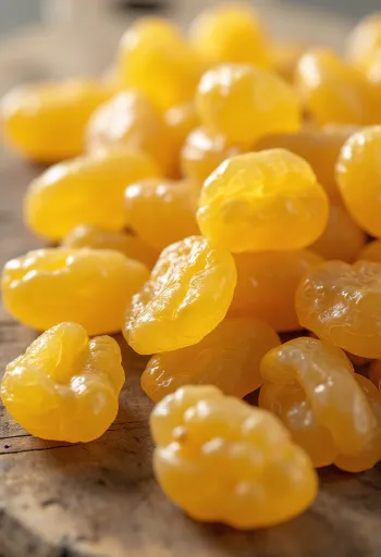 Gule rosiner i skål, med grønne druer, mandler og honning