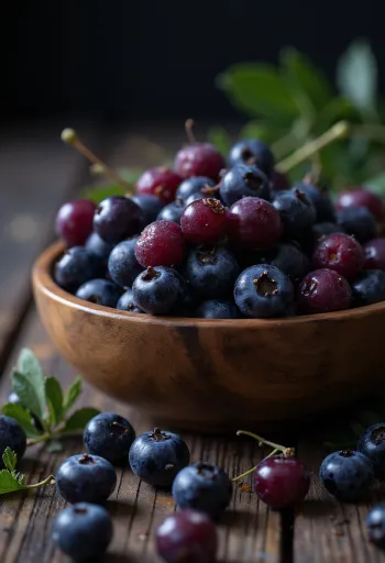 Ferske, mørke aroniabær (svartsurbær) på gren og i skål