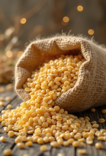 Rensede byggkorn i liten sekk og spredt på treflate