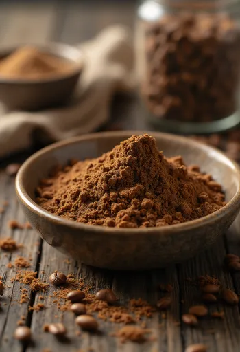 Brent byggkaffe-granulat og hele byggkorn i treskje og skål