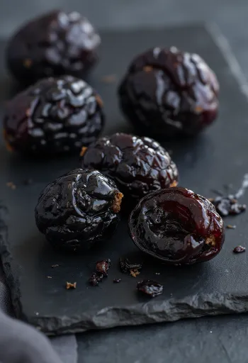 Svisker i keramikkskål, med ferske plommer, kanel og honning