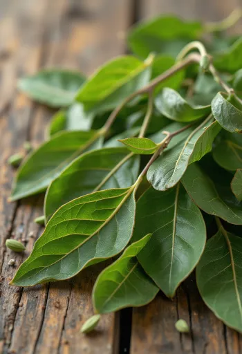 Tørkede laurbærblad på trekjøkkenbenk, naturlig form