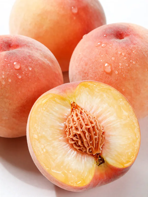 Hele og oppskårne ferskener på trebord, ved siden av et glass ferskenjuice