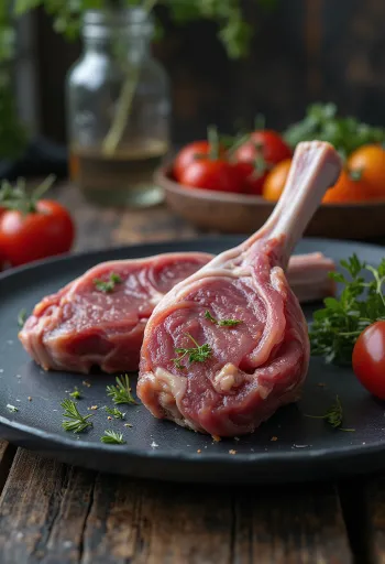 Rå lammeskank-filet på rustikk trefjøl