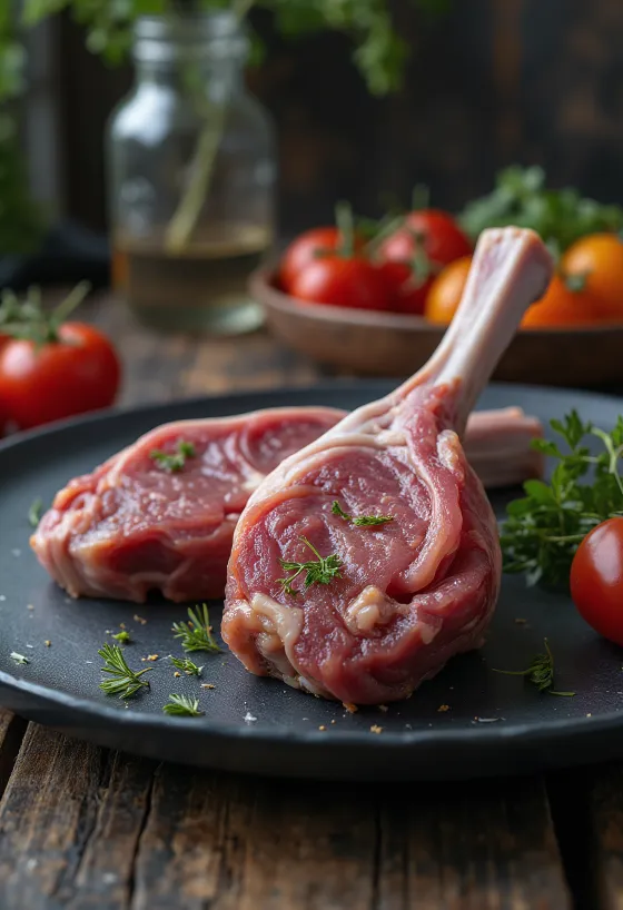 Rå lammeskank-filet på rustikk trefjøl