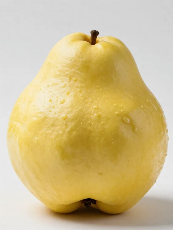 Hele og oppskårne kvedefrukter på treoverflate, med grønne blader