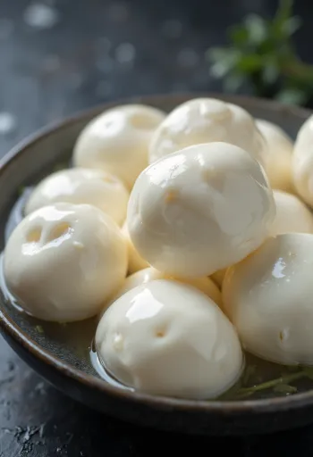 Fersk bøffelmozzarella i hvit keramikkskål på trebord