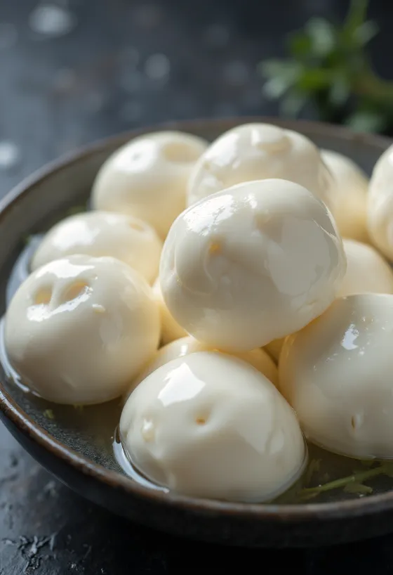 Fersk bøffelmozzarella i hvit keramikkskål på trebord