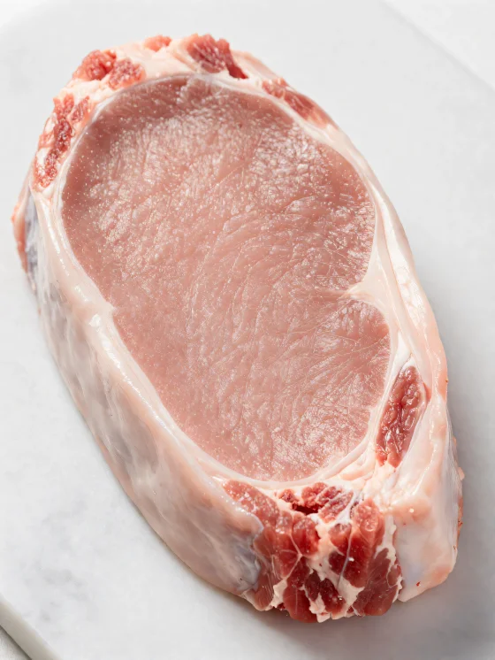 Ferske lyse stykker av kalvekjøtt med krydder på trefjøl