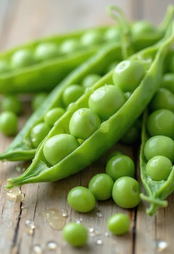 Ferske erter i belg og utpilket på trebord, i naturlig lys