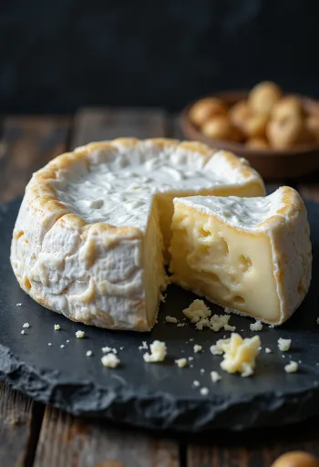 Fersk Brie i en hvit keramikkskål på et trebord