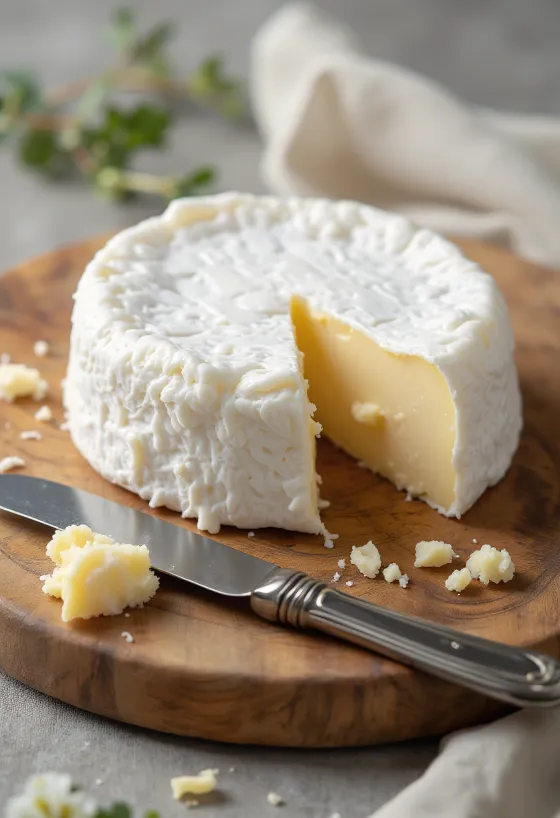 Oppskåret brieost på trefjøl, med kremet innside