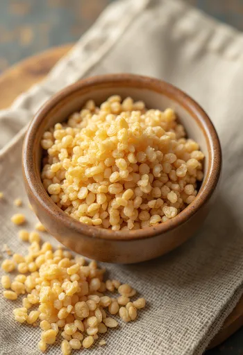 Rå bulgur i keramikkskål, med korn strødd på treoverflate
