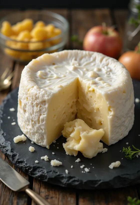 Skivet camembert ost på trebrett med kremet kjerne