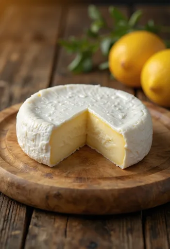 Fersk Camembert i hvit skål på trebord