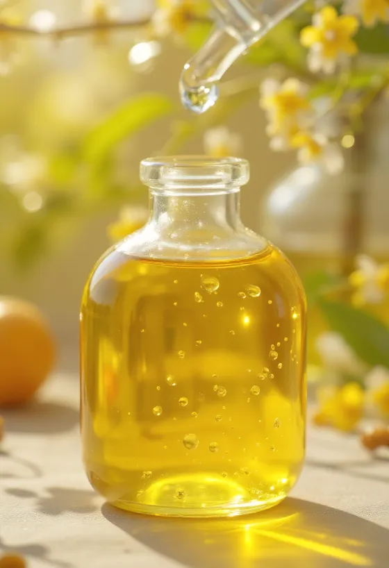 Chiaolje i liten flaske, ved siden av chiafrø i treskål