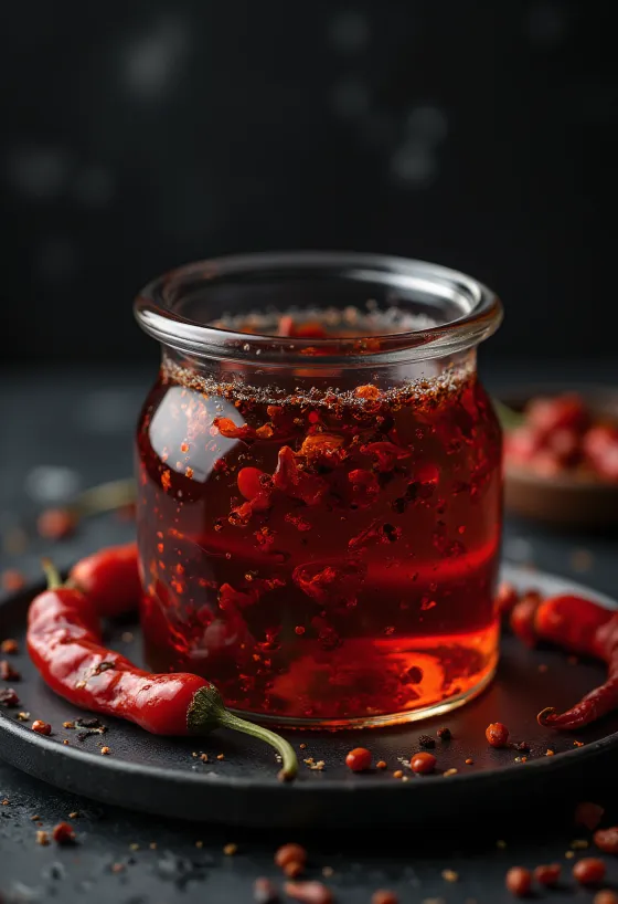 Rød chiliolje i glassflaske med tørket chili