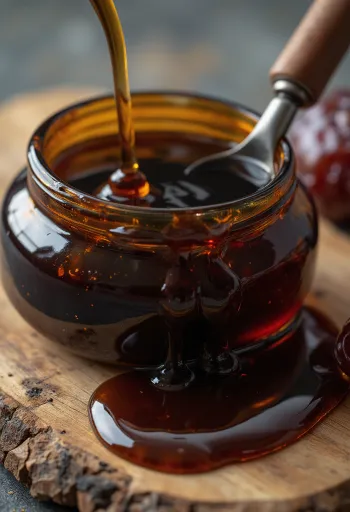 Dadelsirup i liten flaske, tykk brun sirup drypper fra treskje