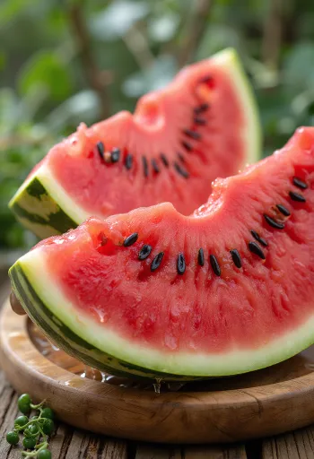 Fersk, oppskåret vannmelon med rødt fruktkjøtt og svarte steiner på treoverflate
