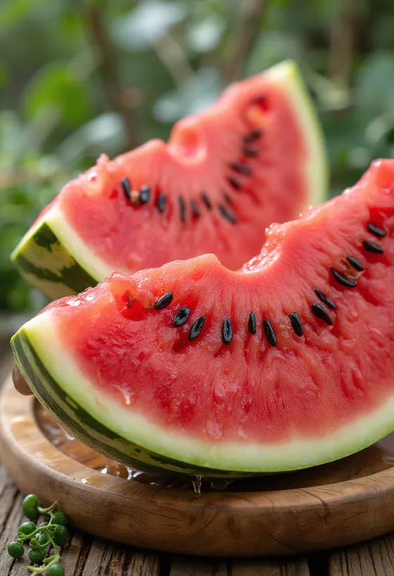 Fersk, oppskåret vannmelon med rødt fruktkjøtt og svarte steiner på treoverflate