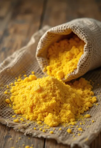 Grovt, gyllent maismel (polenta) i treskål og strødd på overflaten