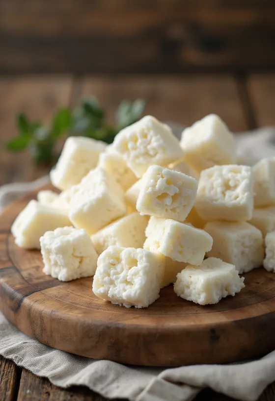 Fersk, kornete myseost i hvit keramikkskål