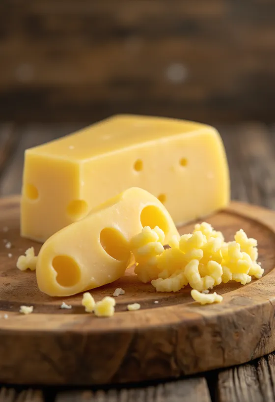 Emmentaler ost i skål på trebord