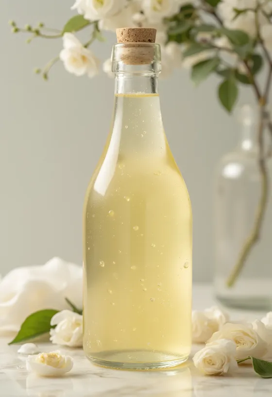 Hvitvinseddik i glasskål, med druer og ingredienser rundt