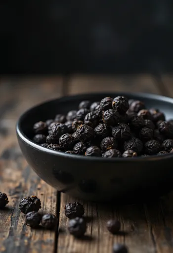 Hele svarte pepperkorn i treskål