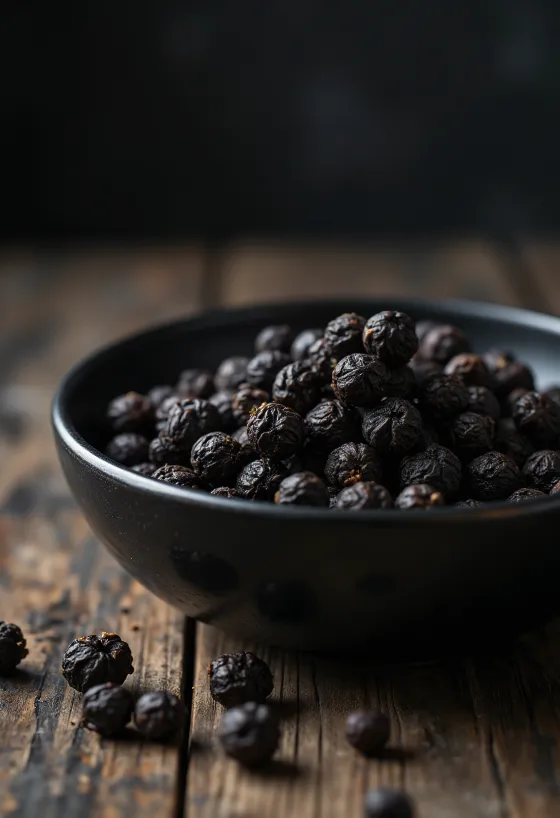 Hele svarte pepperkorn i treskål