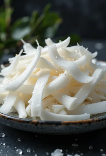 Ferske kokosflak på hvit bakgrunn