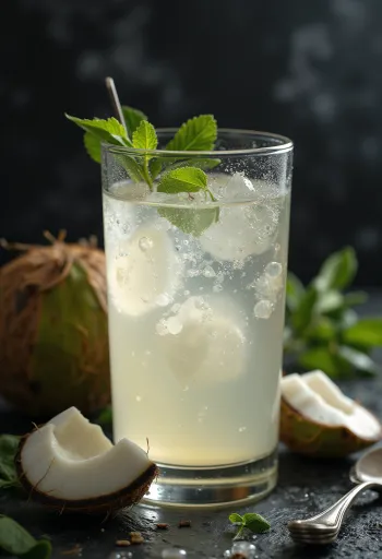 Ferskt kokosvann i glass, med kokosnøttskall