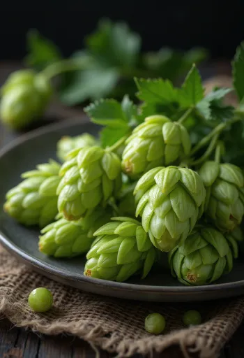 Ferske humlekongler på treunderlag, noen åpnet for å vise gult lupulin