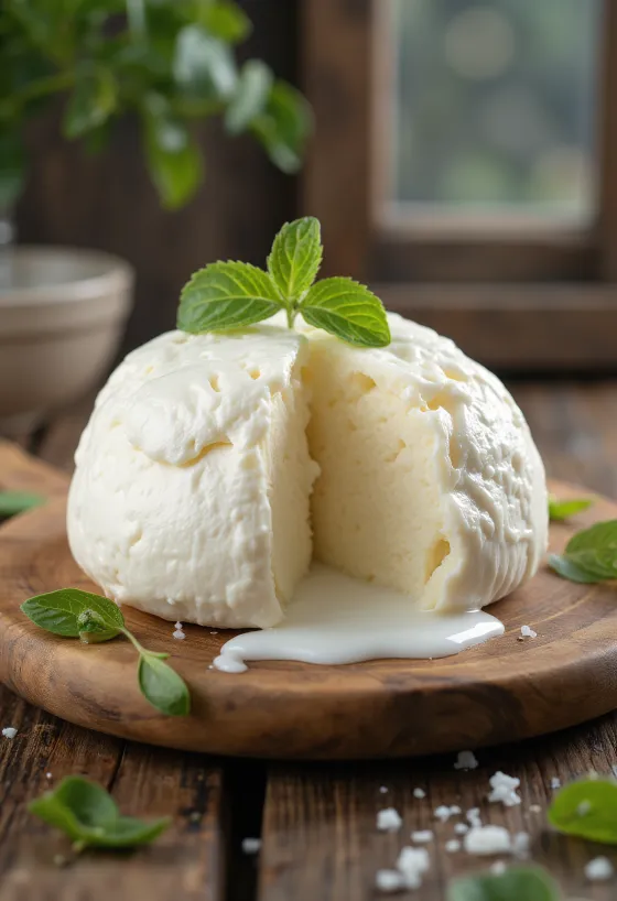 Fersk mozzarella av kumelk i hvit keramikkskål på trebord