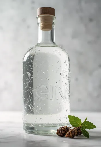 Ginflaske og glass med is, einerbær og krydderier