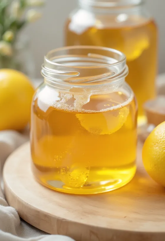 Glukosesirup i liten glassbeholder, med sirup som renner fra en skje