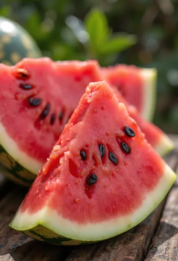 Fersk, oppskåret vannmelon med rødt fruktkjøtt og svarte steiner på et trebord