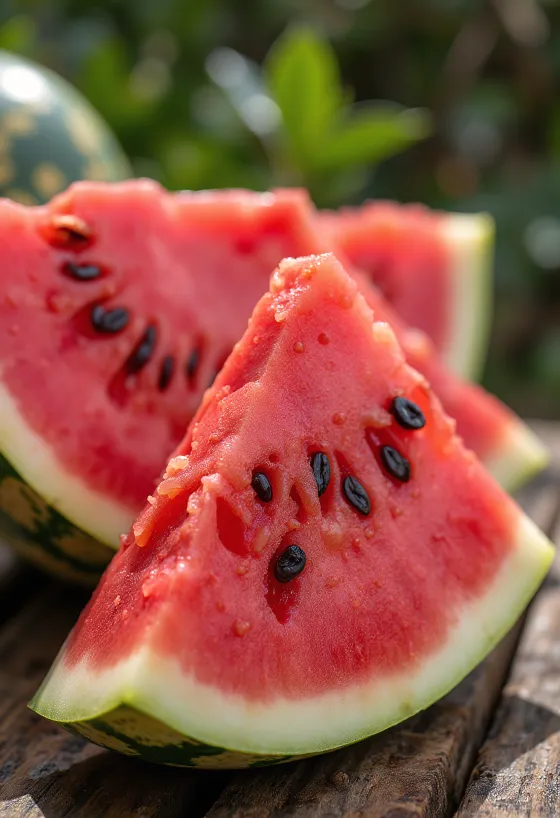Fersk, oppskåret vannmelon med rødt fruktkjøtt og svarte steiner på et trebord
