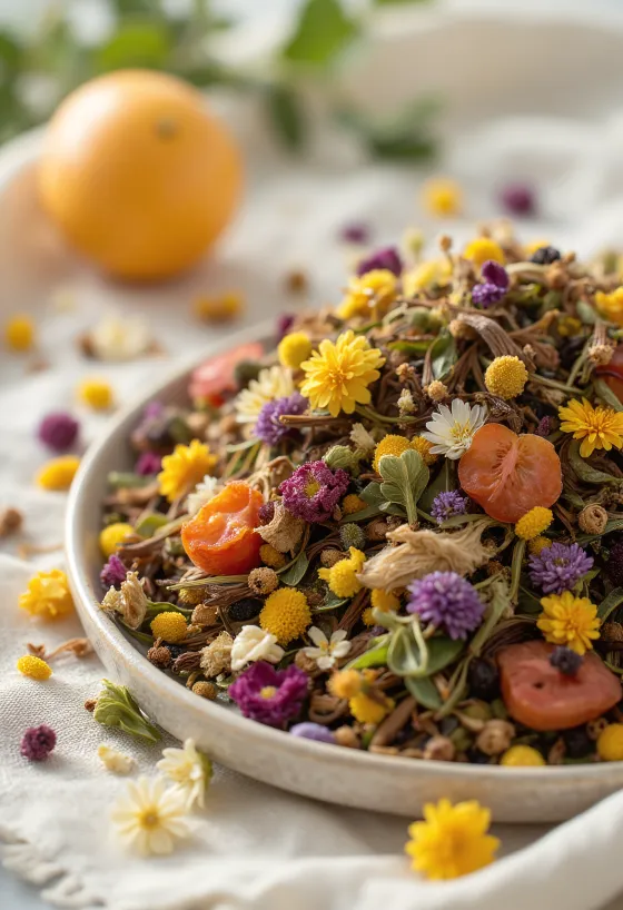 Løsvekt urtete i skål og strødd med treskje