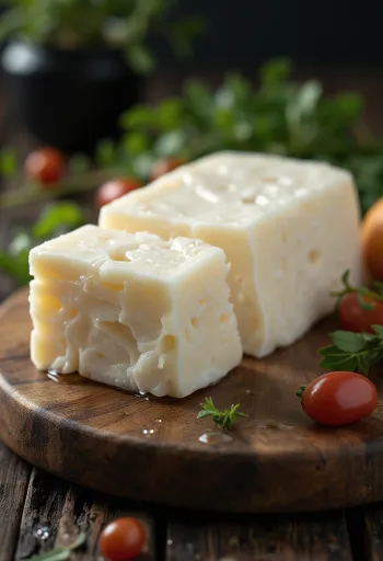 Fersk halloumi i hvit keramikkskål på trebord