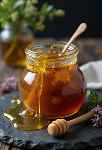 Rå lynghonning i glass med honningpinne og lyngblomster