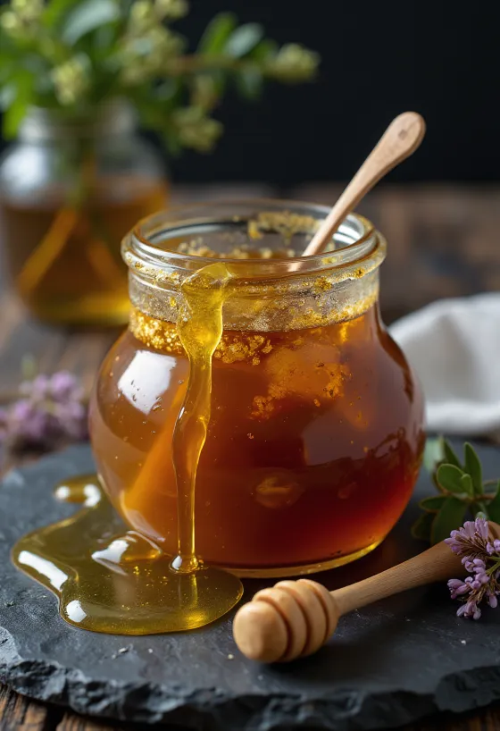 Rå lynghonning i glass med honningpinne og lyngblomster